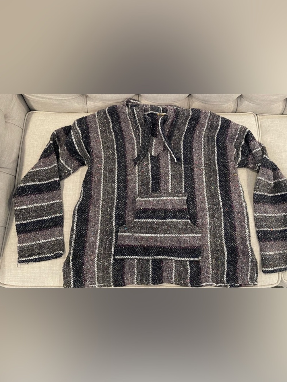 Black and grey handmade Mexican Baja hoodie, jerga or poncho one size GUC